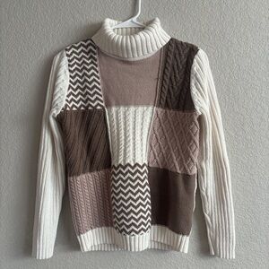 Liz Claiborne Patchwork Turtleneck Sweater - Cream and Brown